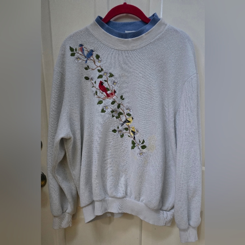 Bon Worth Embroidered Bird Holiday Women Sweater-Size XL White And Blue